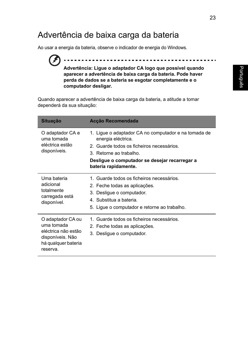 Advertência de baixa carga da bateria | Acer AO756 User Manual | Page 377 / 1836
