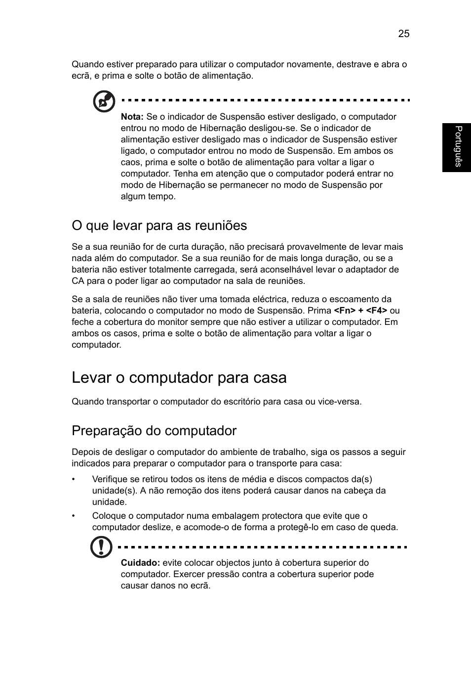 Levar o computador para casa, O que levar para as reuniões, Preparação do computador | Acer AO756 User Manual | Page 379 / 1836