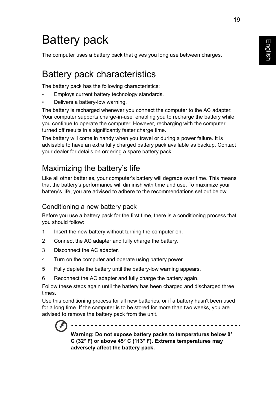 Battery pack, Battery pack characteristics, Maximizing the battery’s life | Acer AO756 User Manual | Page 38 / 1836