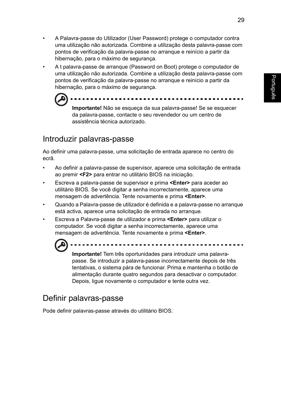 Introduzir palavras-passe, Definir palavras-passe | Acer AO756 User Manual | Page 383 / 1836