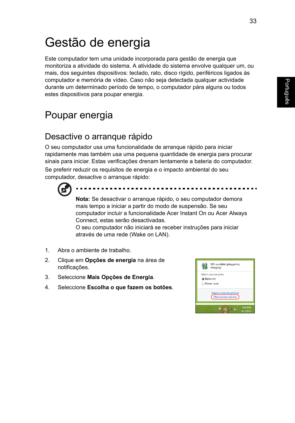 Gestão de energia, Poupar energia, Desactive o arranque rápido | Acer AO756 User Manual | Page 387 / 1836