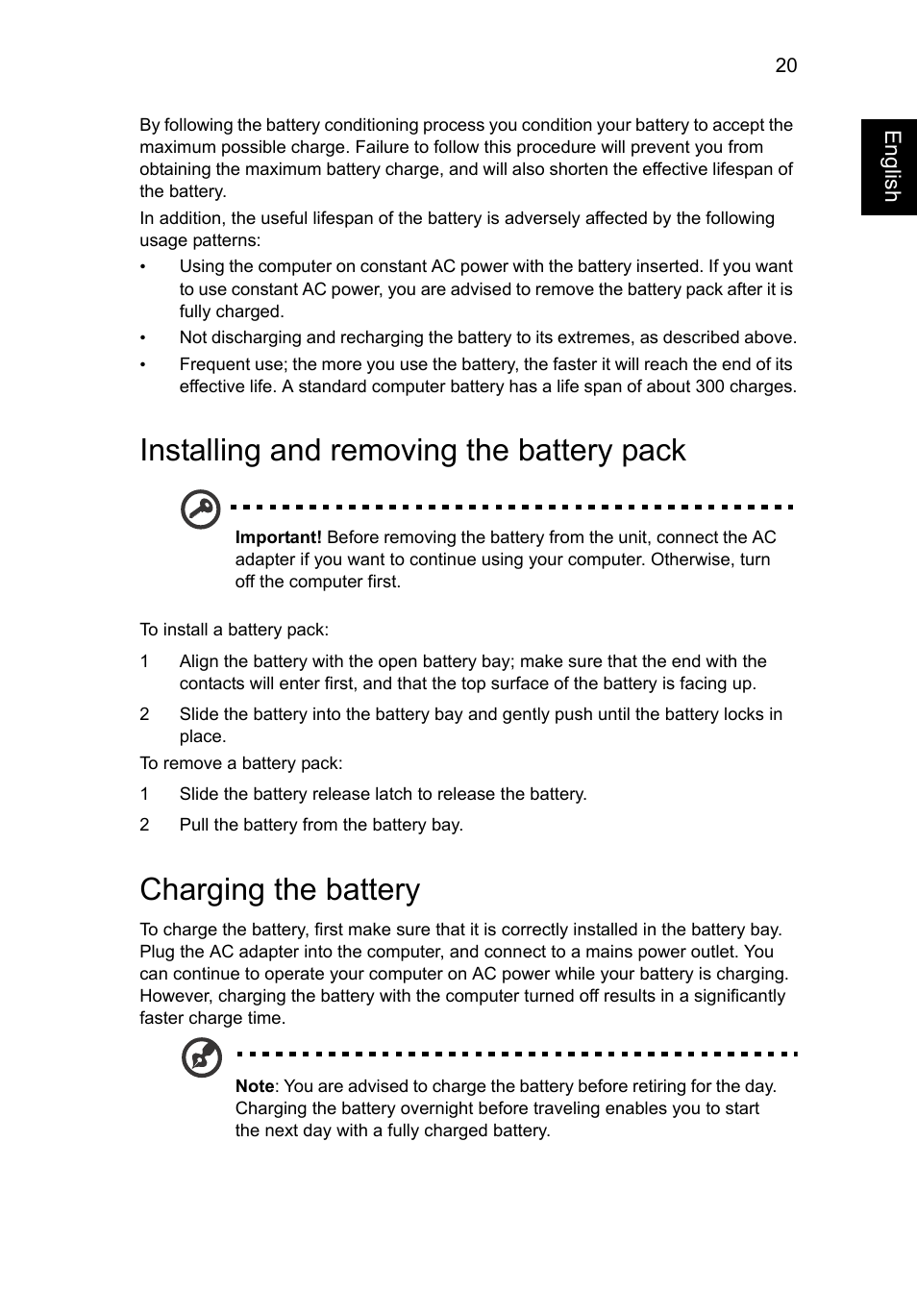 Installing and removing the battery pack, Charging the battery | Acer AO756 User Manual | Page 39 / 1836