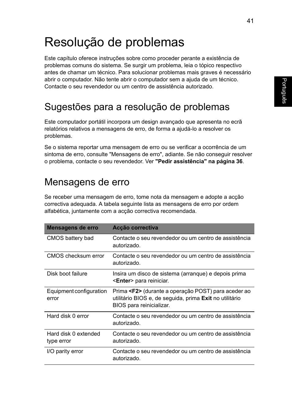 Resolução de problemas, Sugestões para a resolução de problemas, Mensagens de erro | Acer AO756 User Manual | Page 395 / 1836