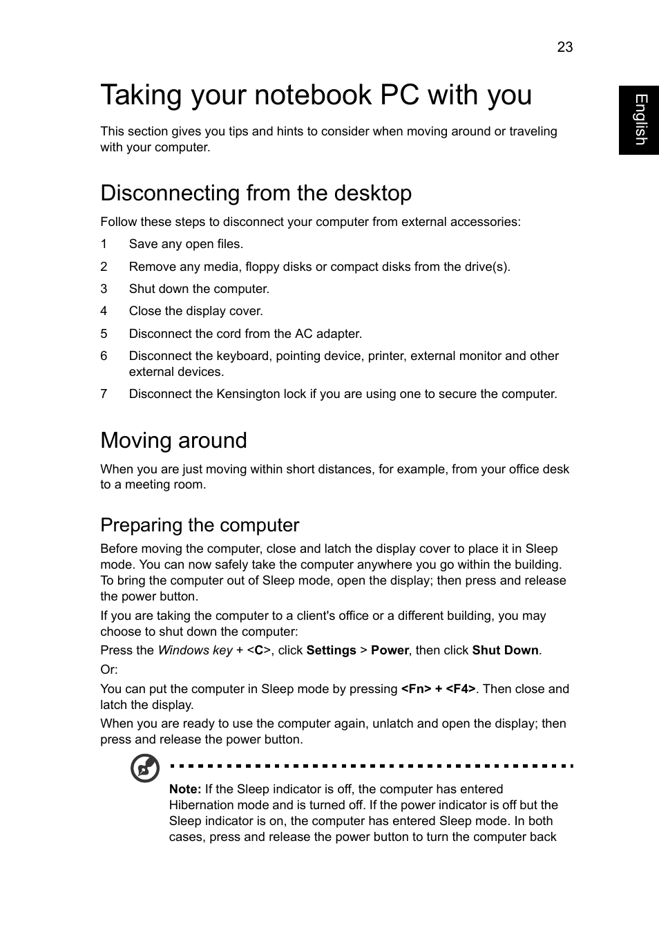 Taking your notebook pc with you, Disconnecting from the desktop, Moving around | Disconnecting from the desktop moving around, Preparing the computer | Acer AO756 User Manual | Page 42 / 1836