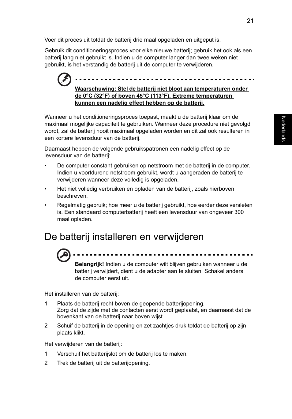 De batterij installeren en verwijderen | Acer AO756 User Manual | Page 443 / 1836