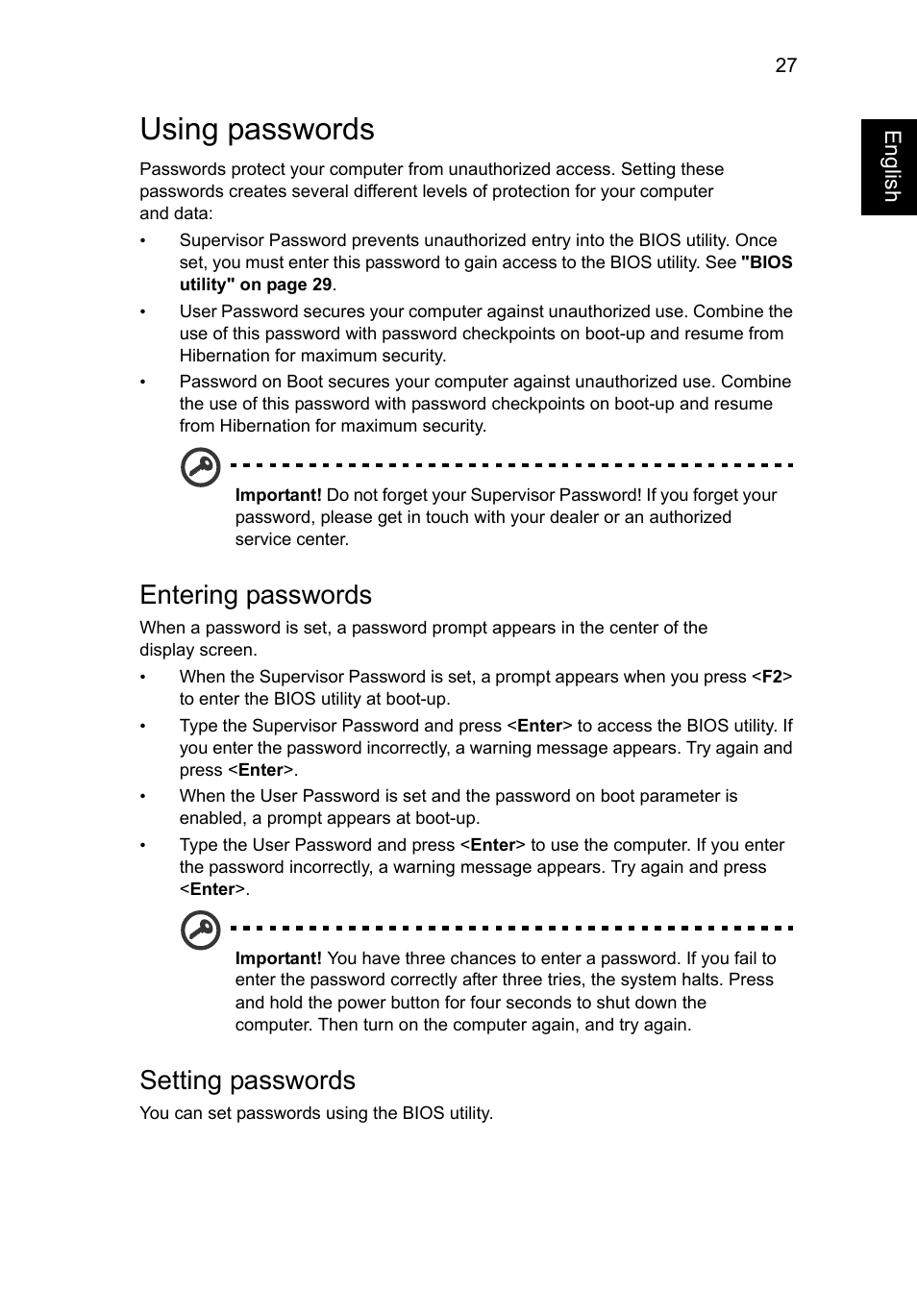 Using passwords, Entering passwords setting passwords, Entering passwords | Setting passwords | Acer AO756 User Manual | Page 46 / 1836