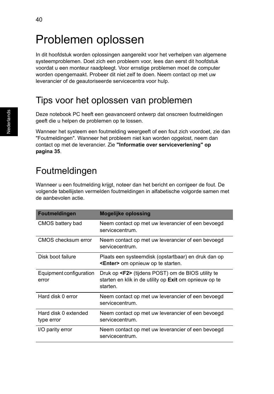 Problemen oplossen, Tips voor het oplossen van problemen, Foutmeldingen | Acer AO756 User Manual | Page 462 / 1836