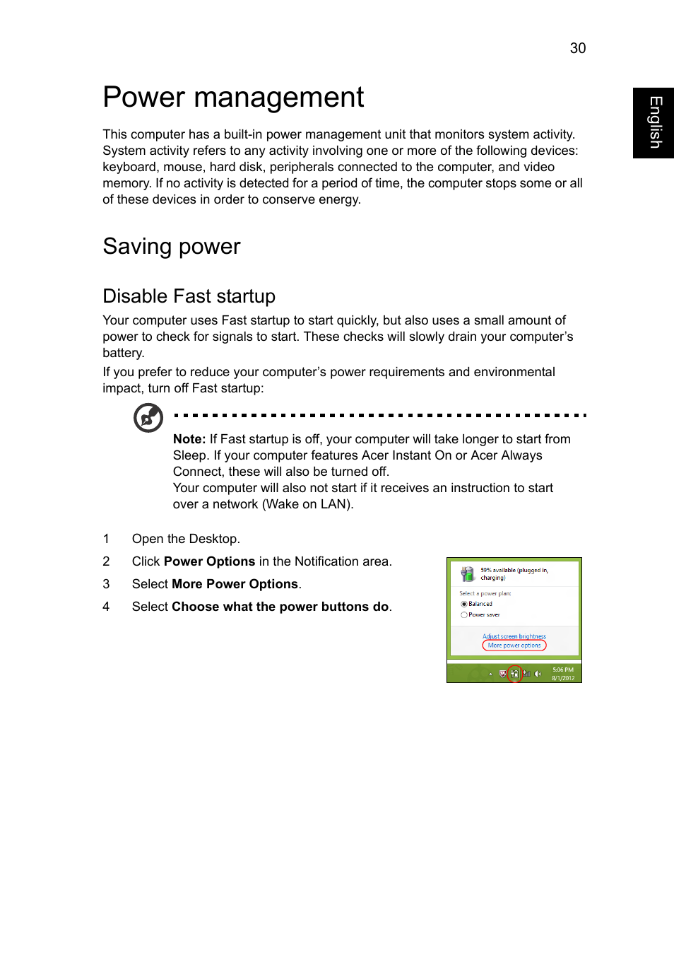 Power management, Saving power, Disable fast startup | Acer AO756 User Manual | Page 49 / 1836