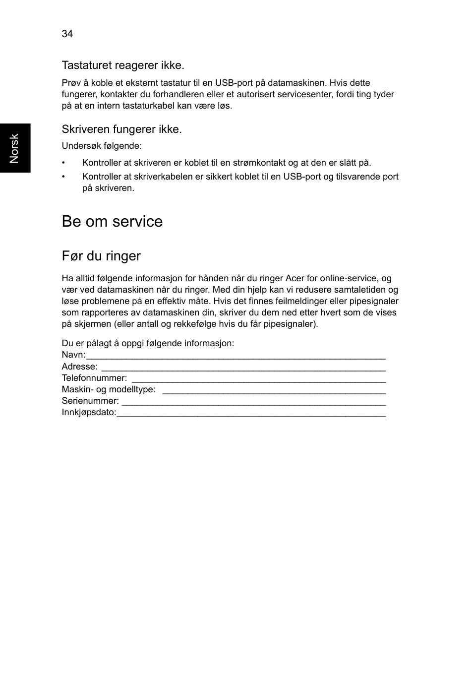 Be om service, Før du ringer | Acer AO756 User Manual | Page 520 / 1836