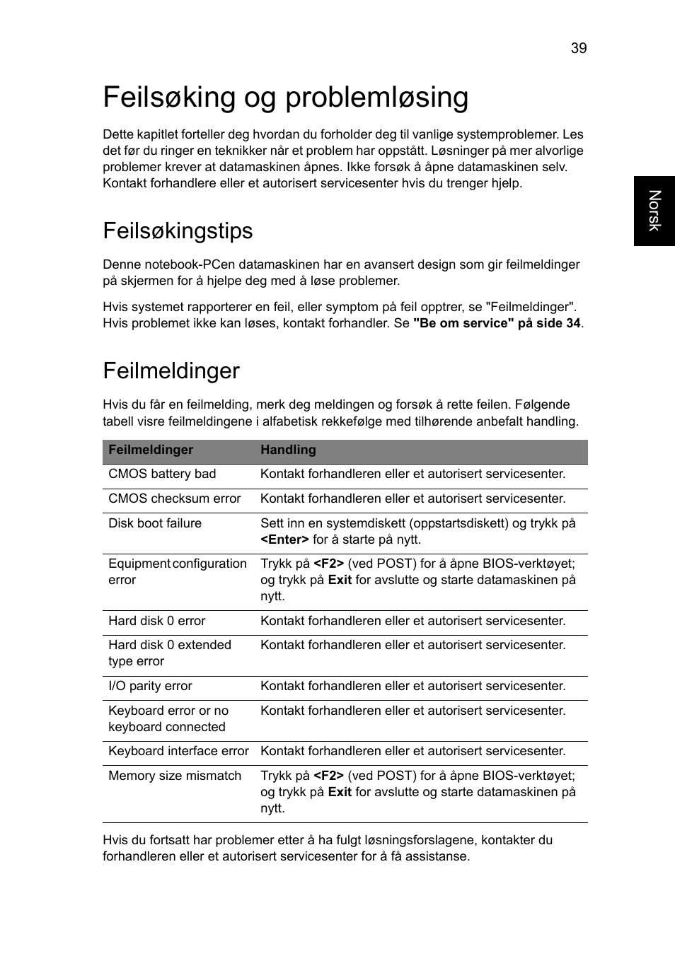 Feilsøking og problemløsing, Feilsøkingstips, Feilmeldinger | Acer AO756 User Manual | Page 525 / 1836