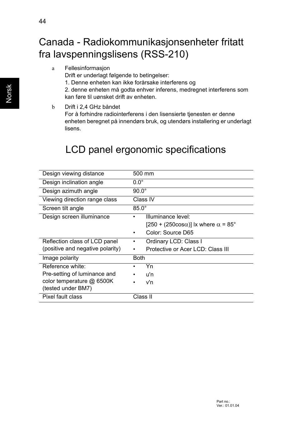 Lcd panel ergonomic specifications, Norsk | Acer AO756 User Manual | Page 530 / 1836