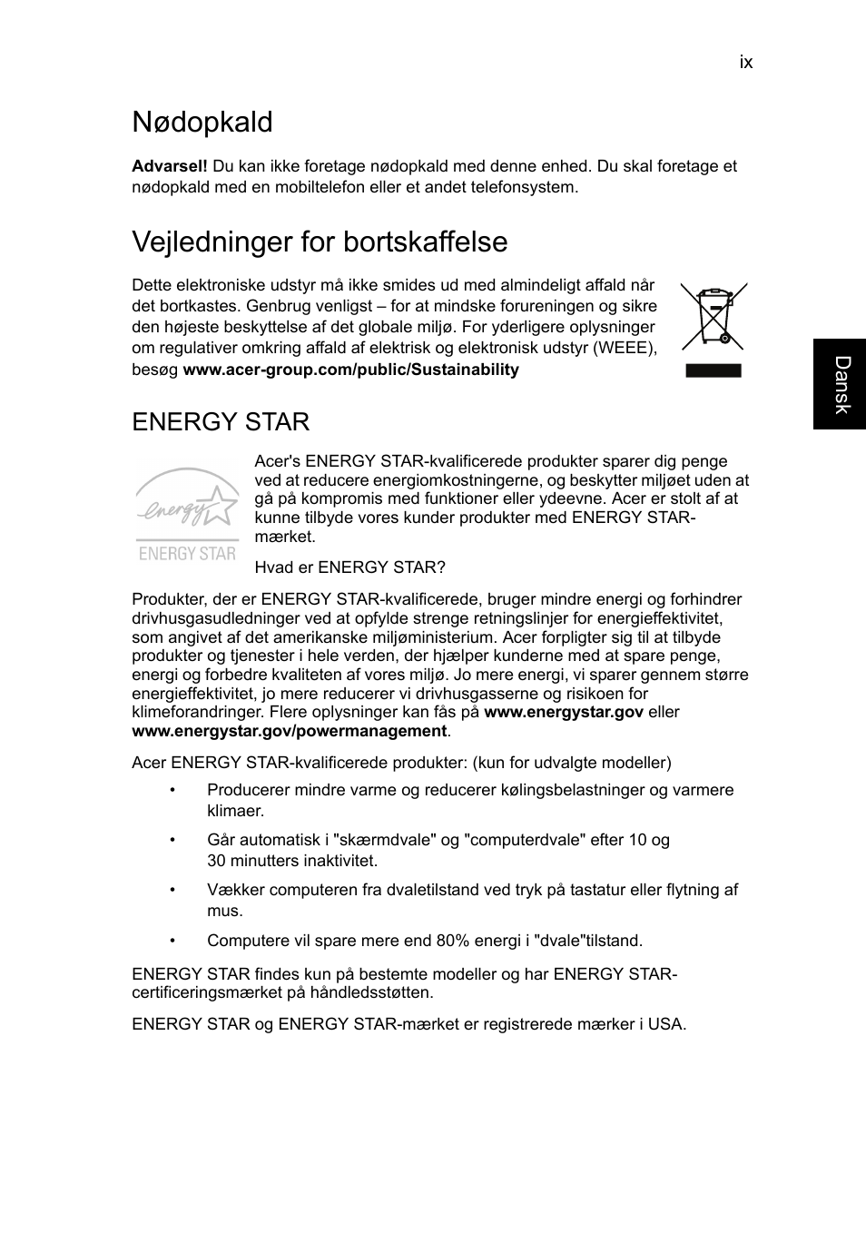 Nødopkald, Vejledninger for bortskaffelse, Energy star | Acer AO756 User Manual | Page 539 / 1836