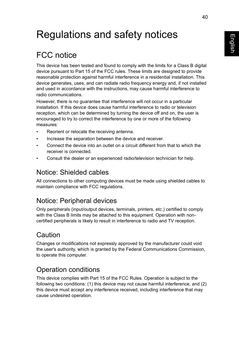 Regulations and safety notices, Fcc notice, Notice: shielded cables | Notice: peripheral devices, Caution, Operation conditions | Acer AO756 User Manual | Page 59 / 1836