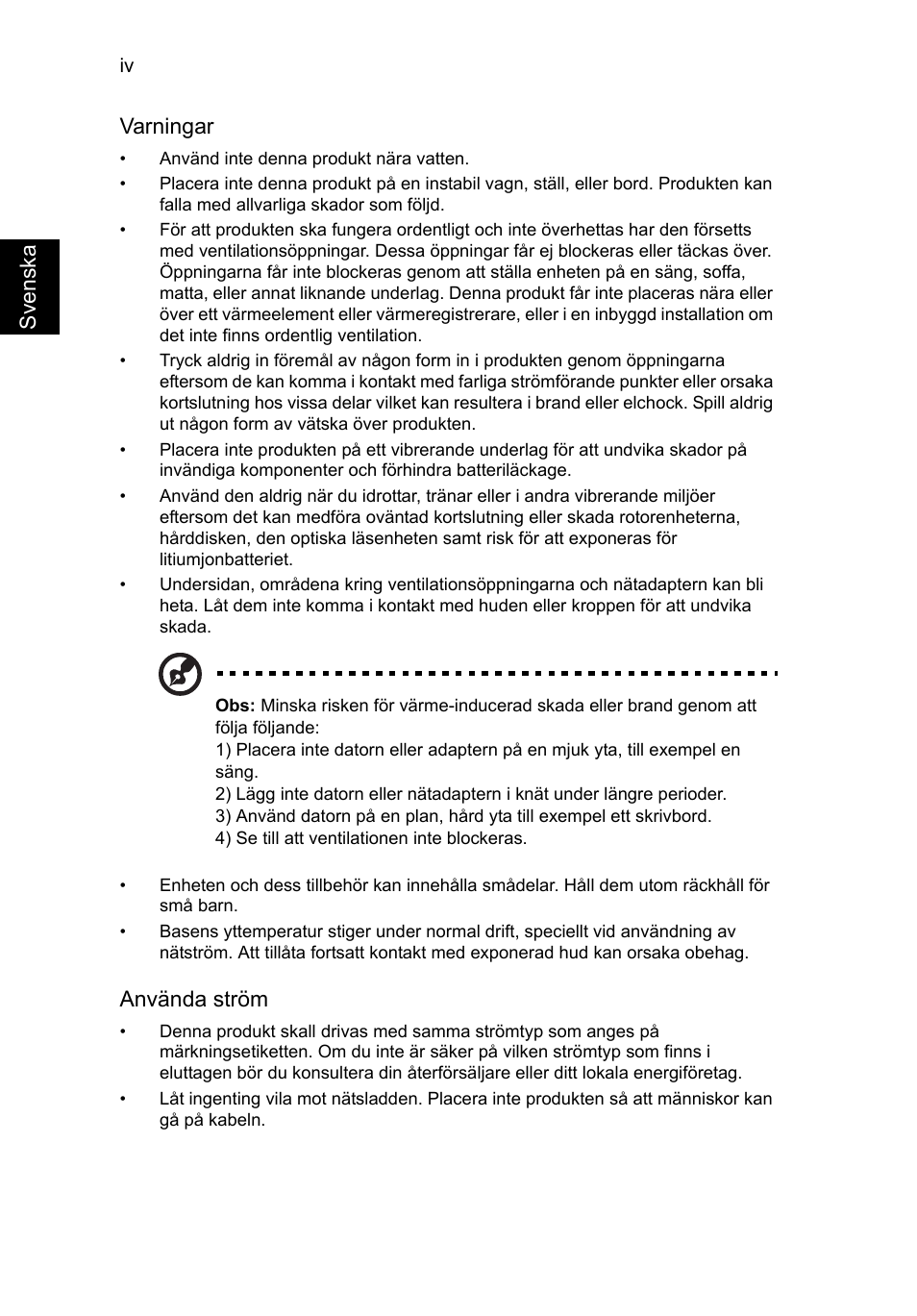 Svenska varningar, Använda ström | Acer AO756 User Manual | Page 596 / 1836