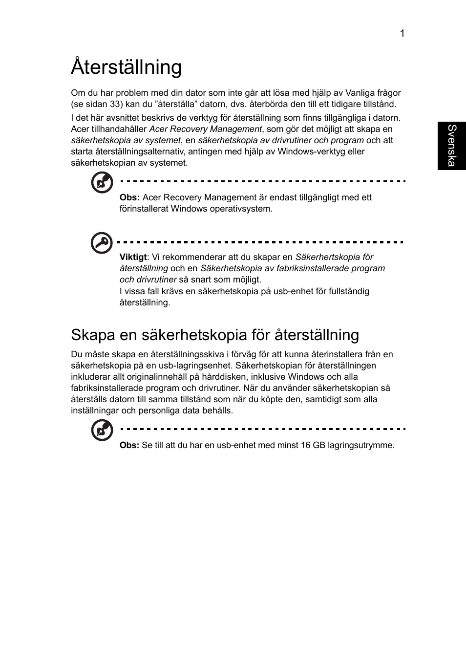 Återställning, Skapa en säkerhetskopia för återställning | Acer AO756 User Manual | Page 611 / 1836