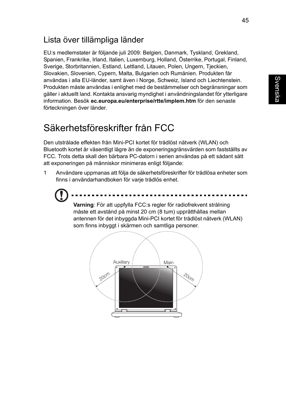 Säkerhetsföreskrifter från fcc, Lista över tillämpliga länder | Acer AO756 User Manual | Page 655 / 1836