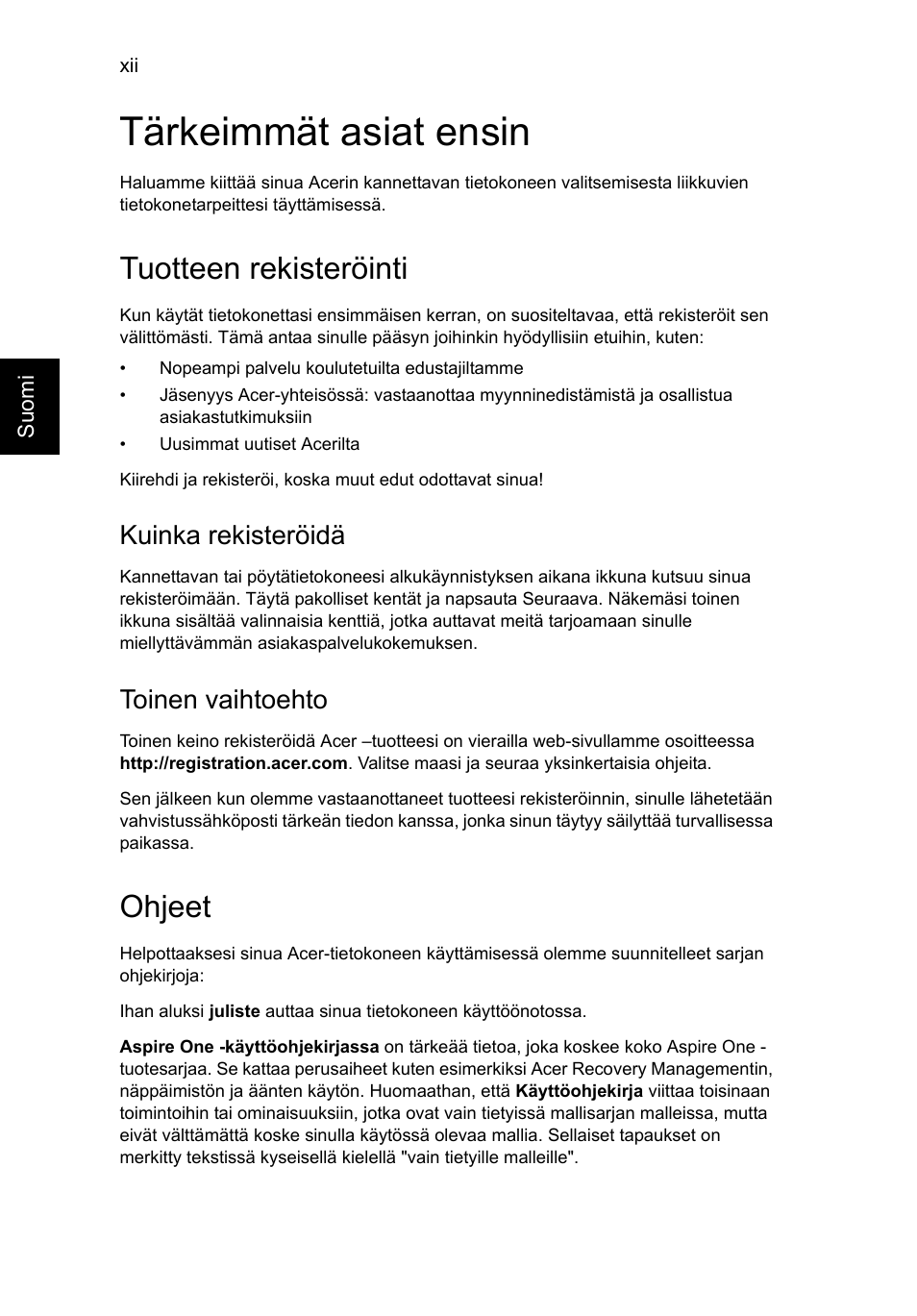 Tärkeimmät asiat ensin, Tuotteen rekisteröinti, Ohjeet | Kuinka rekisteröidä, Toinen vaihtoehto | Acer AO756 User Manual | Page 668 / 1836