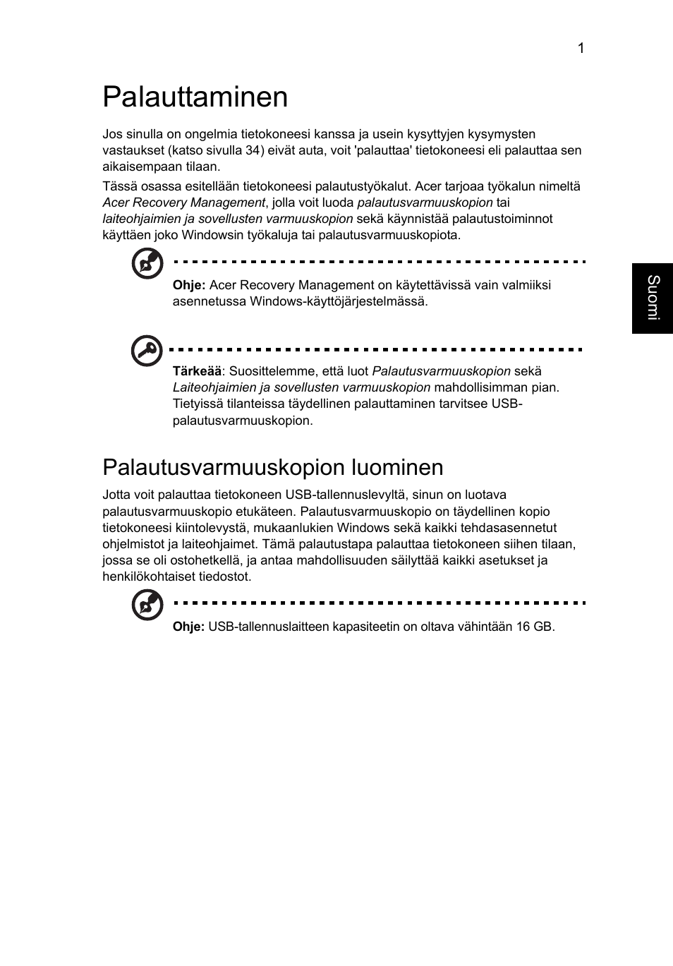 Palauttaminen, Palautusvarmuuskopion luominen | Acer AO756 User Manual | Page 675 / 1836