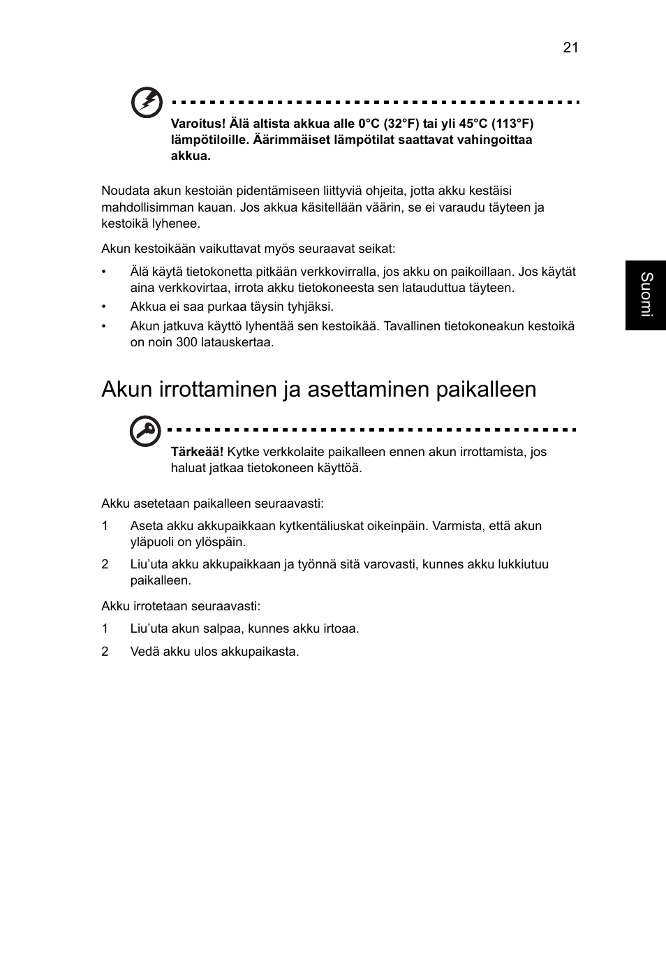 Akun irrottaminen ja asettaminen paikalleen | Acer AO756 User Manual | Page 695 / 1836