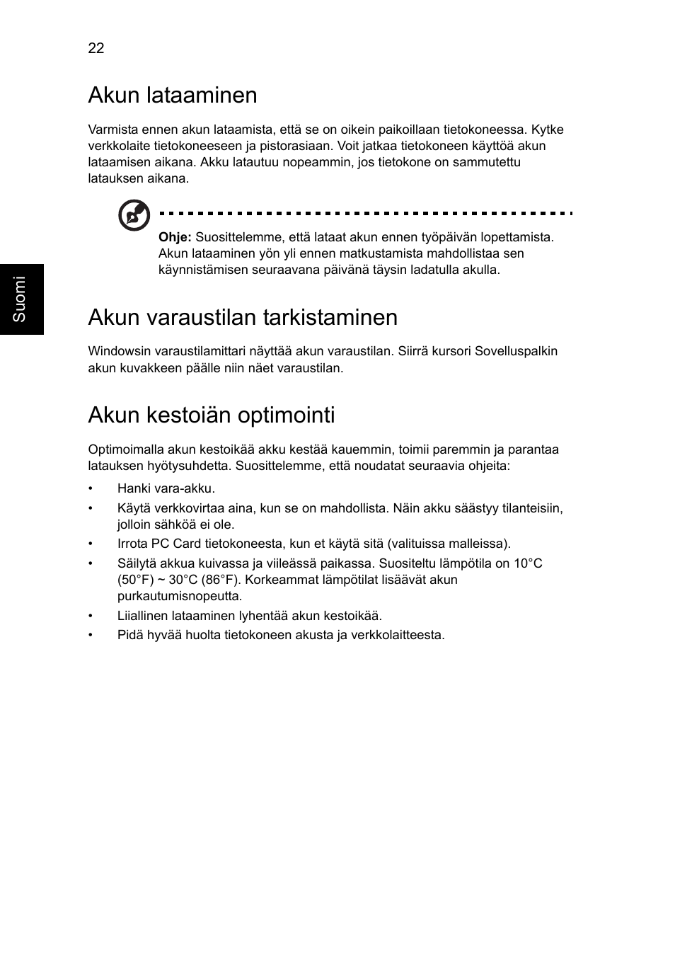 Akun lataaminen, Akun varaustilan tarkistaminen, Akun kestoiän optimointi | Acer AO756 User Manual | Page 696 / 1836