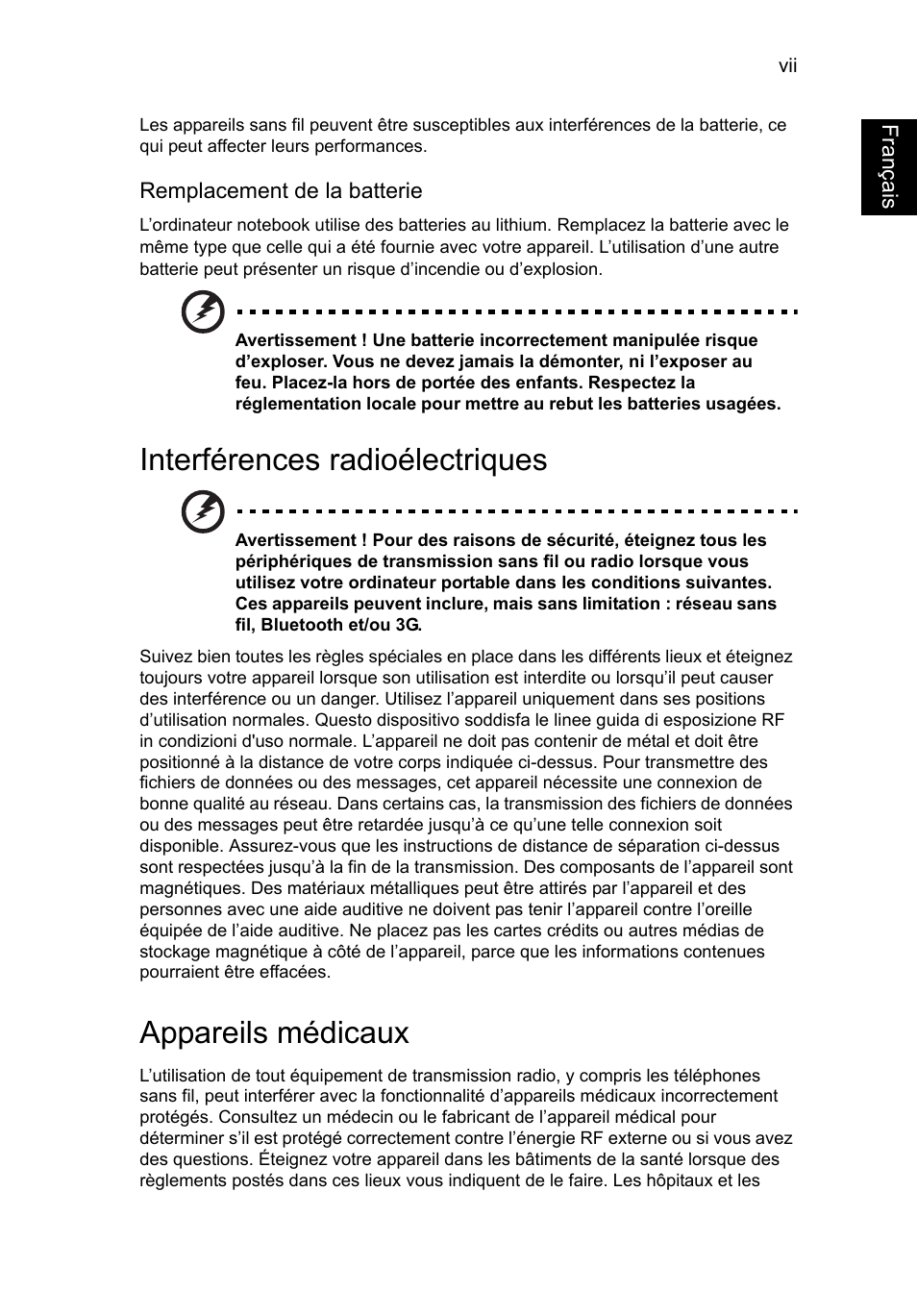 Interférences radioélectriques, Appareils médicaux, Français | Acer AO756 User Manual | Page 71 / 1836