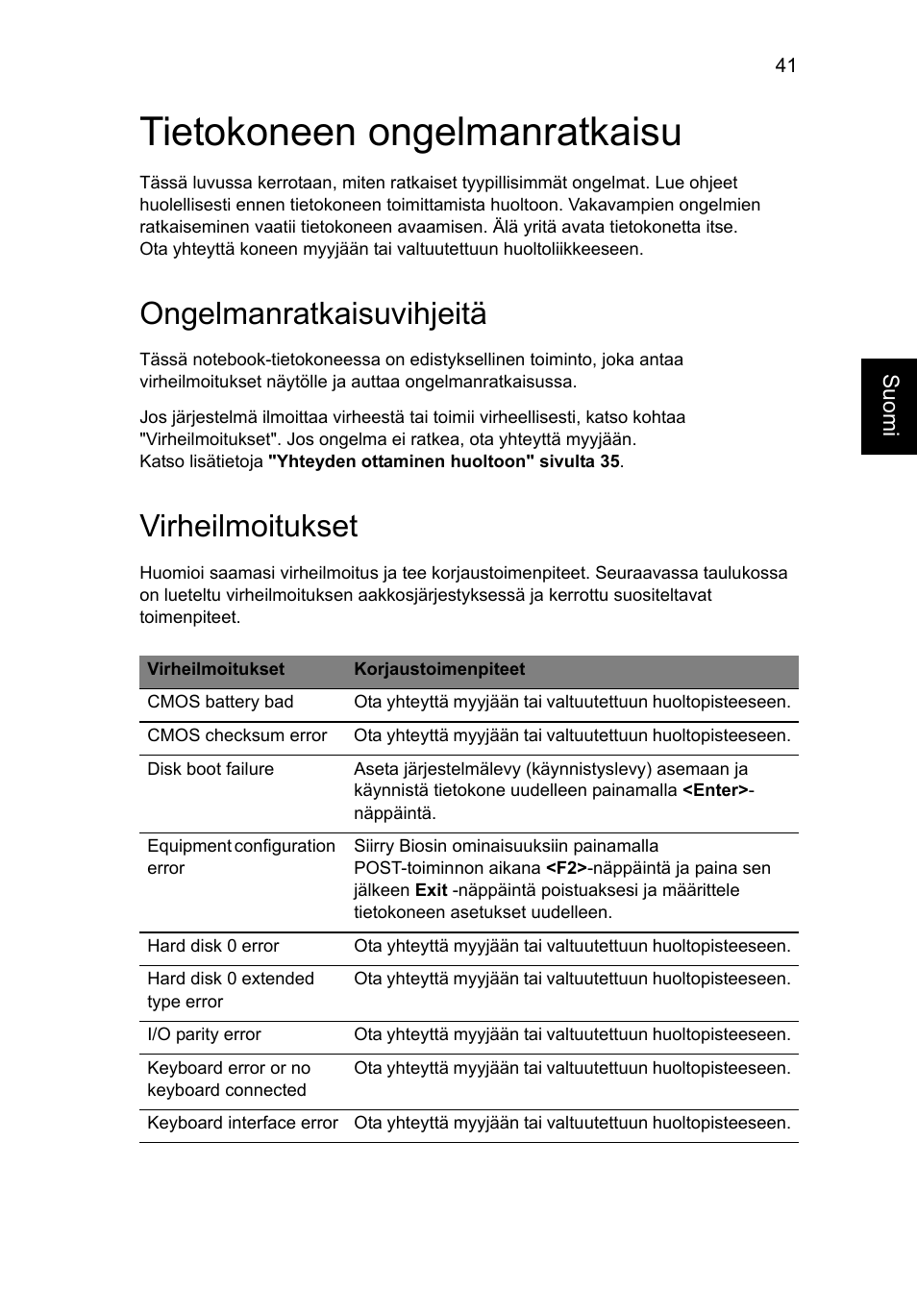 Tietokoneen ongelmanratkaisu, Ongelmanratkaisuvihjeitä, Virheilmoitukset | Acer AO756 User Manual | Page 715 / 1836