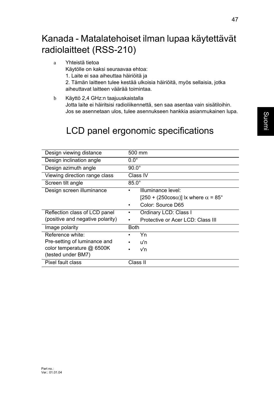 Lcd panel ergonomic specifications, Kanada - matalatehoiset ilman lupaa käytettävät, Radiolaitteet (rss-210) | Acer AO756 User Manual | Page 721 / 1836