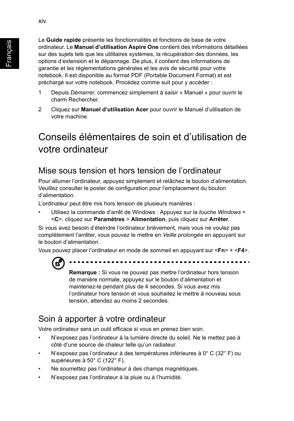 Mise sous tension et hors tension de l’ordinateur, Soin à apporter à votre ordinateur | Acer AO756 User Manual | Page 78 / 1836