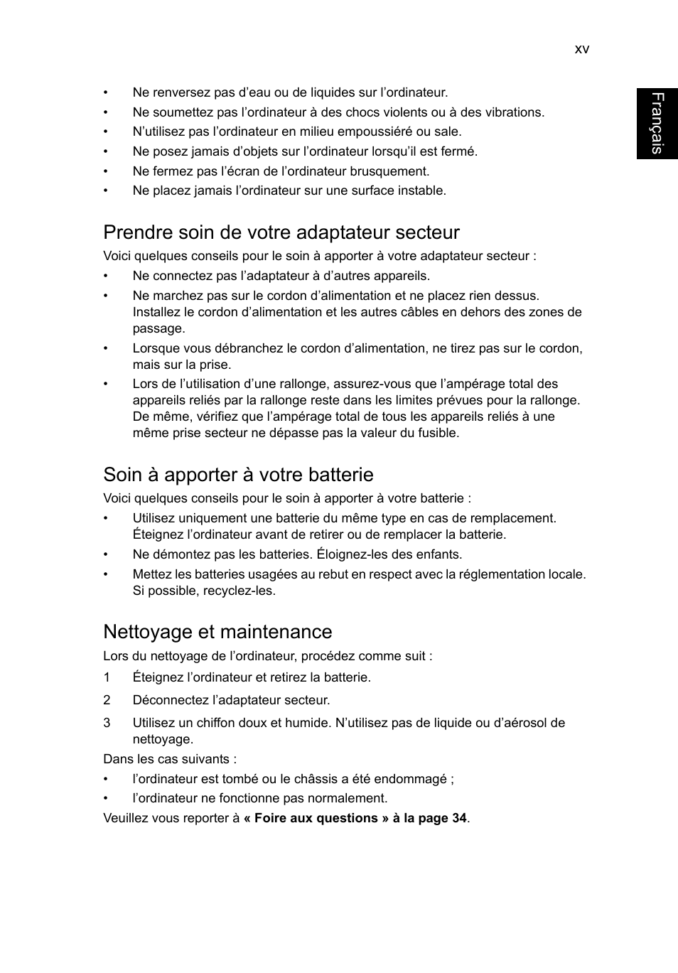 Français, Prendre soin de votre adaptateur secteur, Soin à apporter à votre batterie | Nettoyage et maintenance | Acer AO756 User Manual | Page 79 / 1836