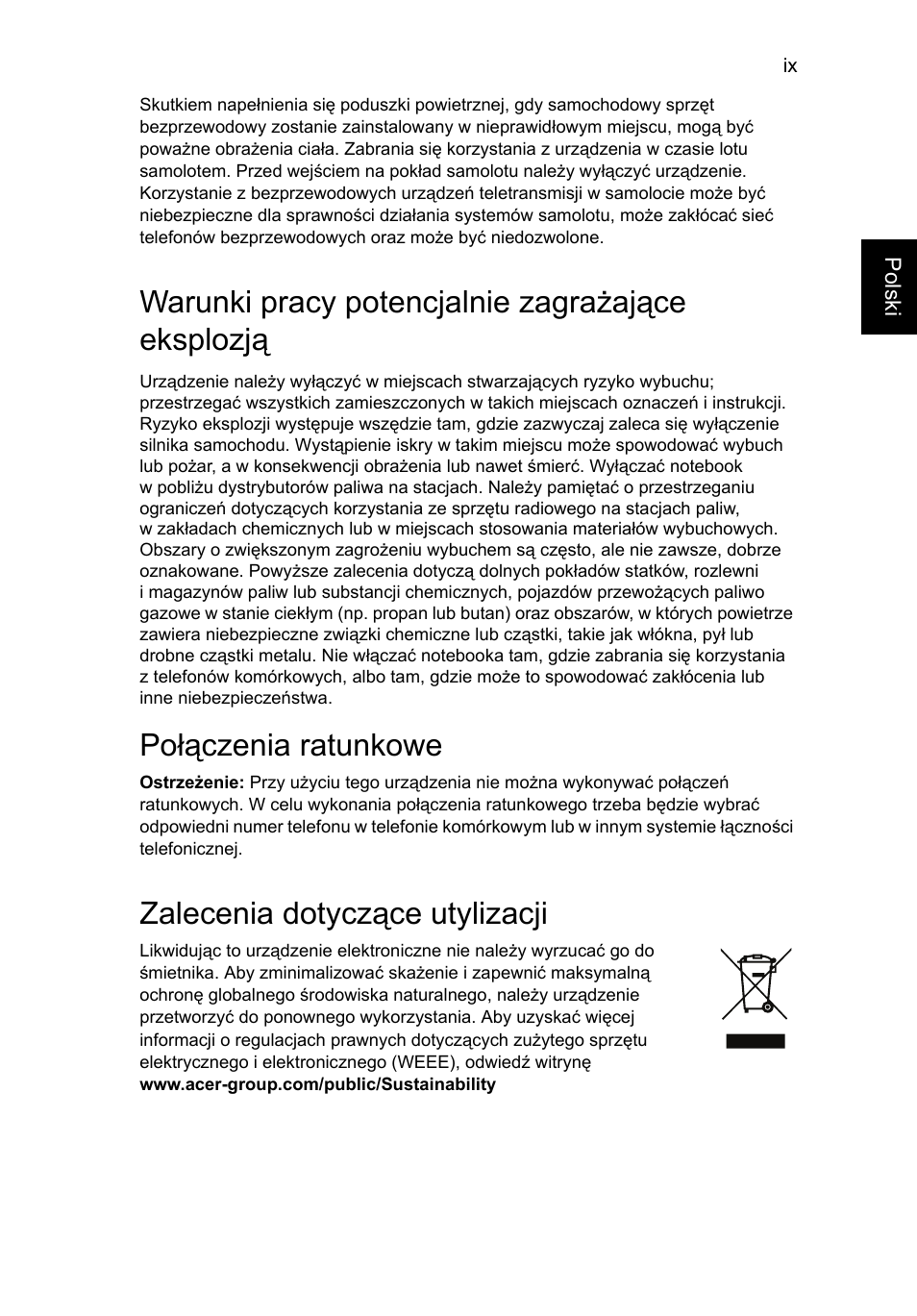 Warunki pracy potencjalnie zagrażające eksplozją, Połączenia ratunkowe, Zalecenia dotyczące utylizacji | Acer AO756 User Manual | Page 801 / 1836