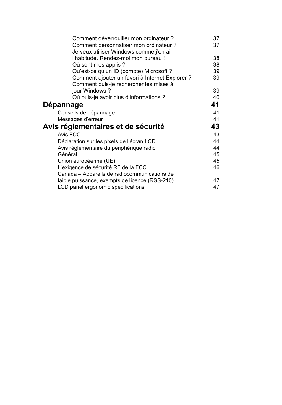 Dépannage 41, Avis réglementaires et de sécurité 43 | Acer AO756 User Manual | Page 83 / 1836