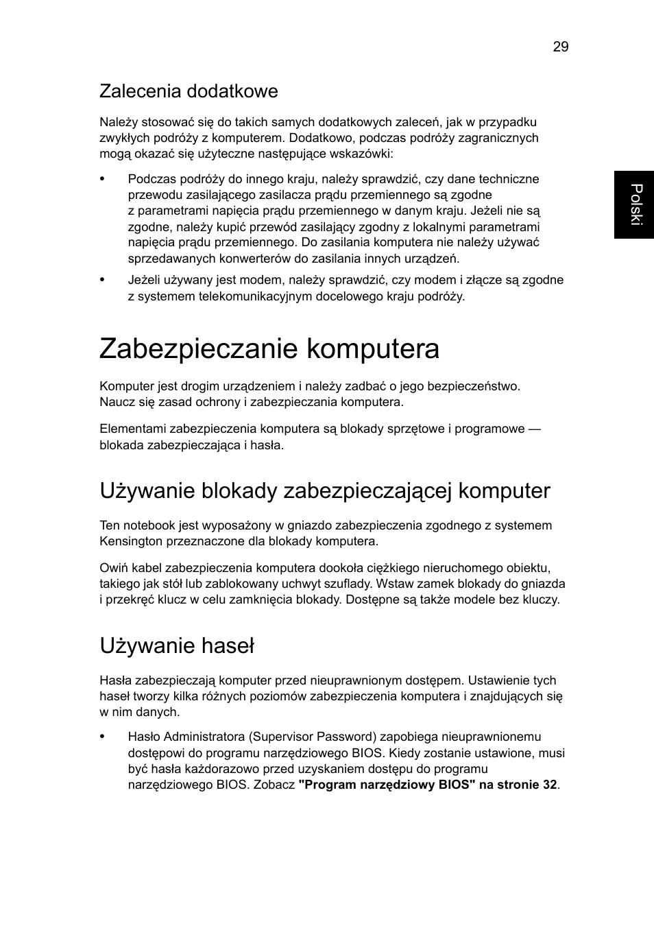 Zabezpieczanie komputera, Używanie blokady zabezpieczającej komputer, Używanie haseł | Zalecenia dodatkowe | Acer AO756 User Manual | Page 841 / 1836