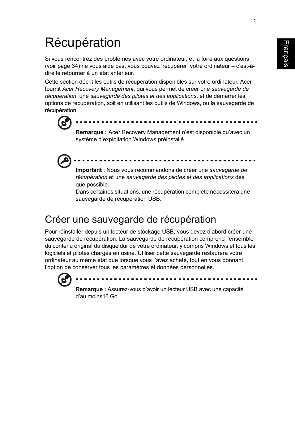 Récupération, Créer une sauvegarde de récupération, Français | Acer AO756 User Manual | Page 85 / 1836