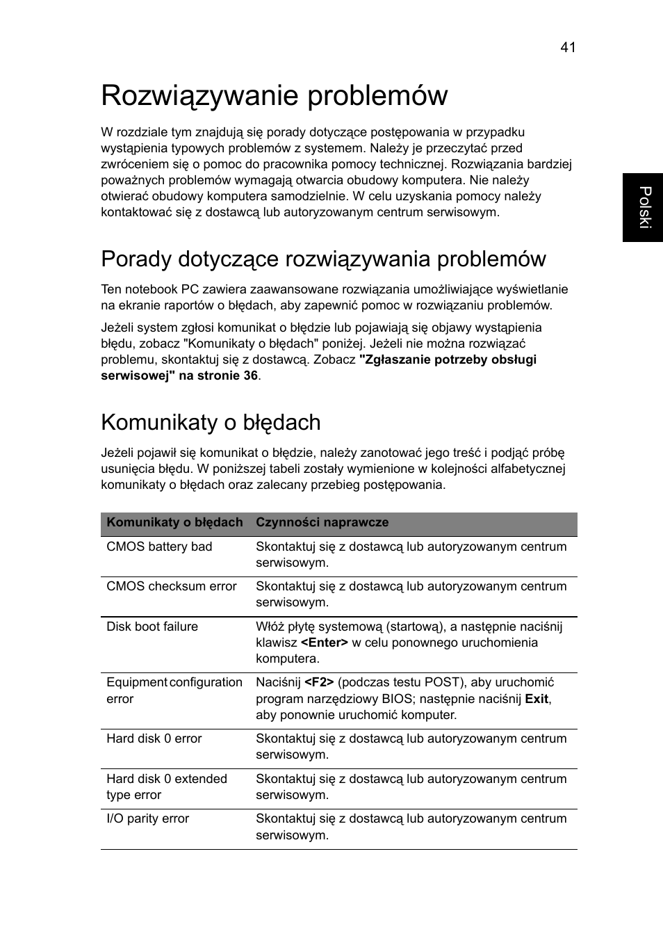 Rozwiązywanie problemów, Porady dotyczące rozwiązywania problemów, Komunikaty o błędach | Acer AO756 User Manual | Page 853 / 1836