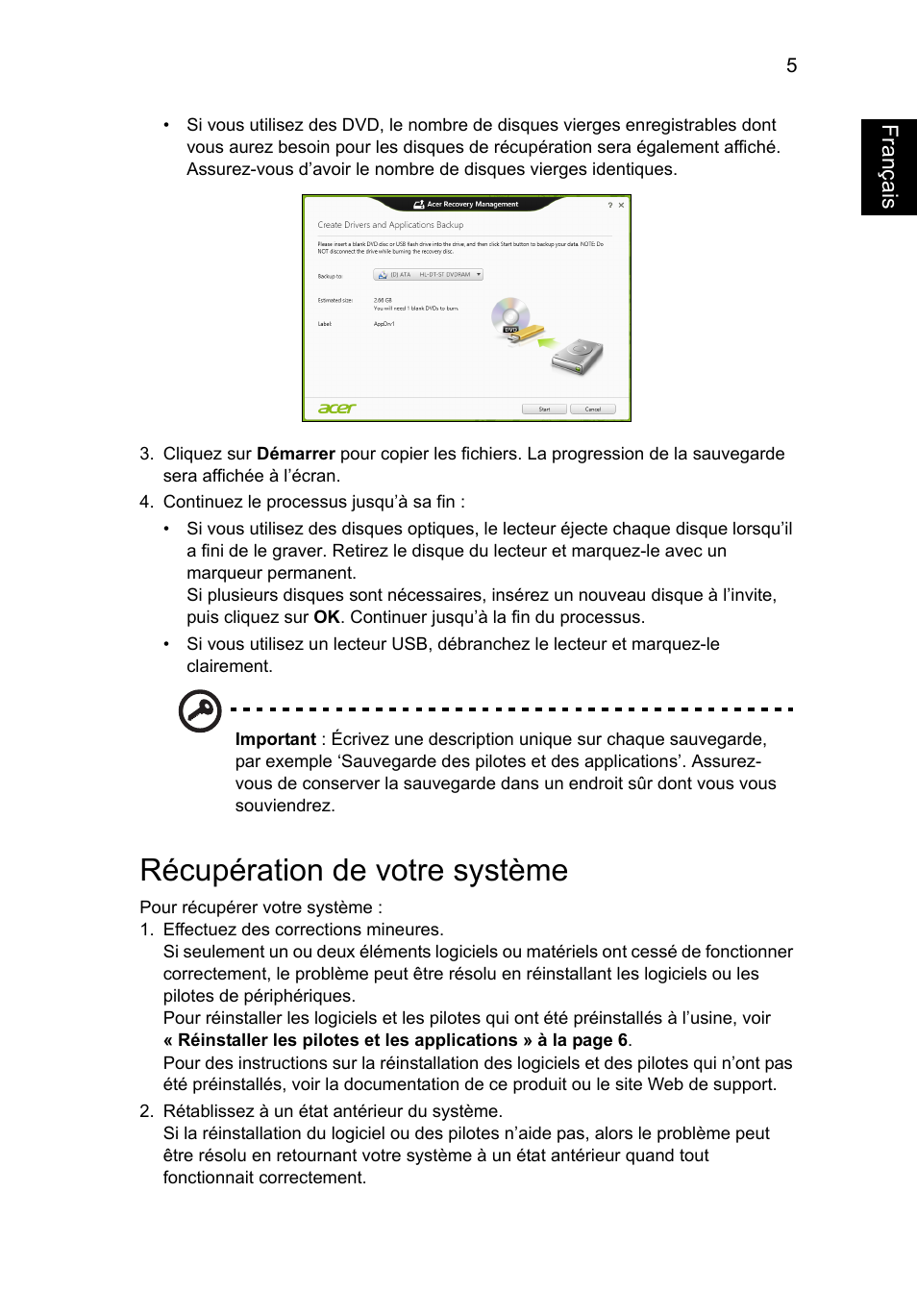 Récupération de votre système, Français | Acer AO756 User Manual | Page 89 / 1836