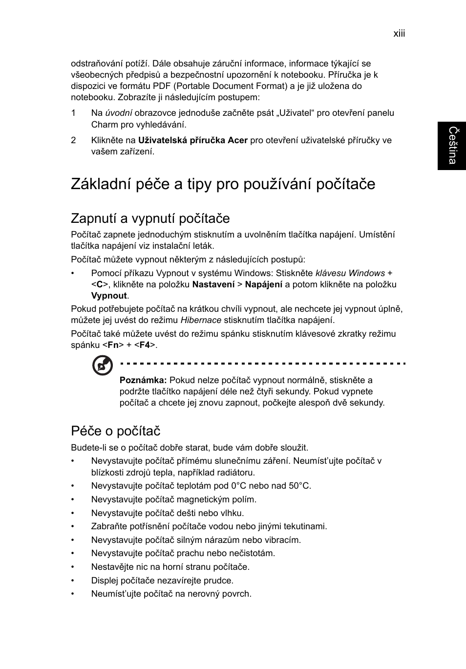 Základní péče a tipy pro používání počítače, Zapnutí a vypnutí počítače, Péče o počítač | Acer AO756 User Manual | Page 943 / 1836