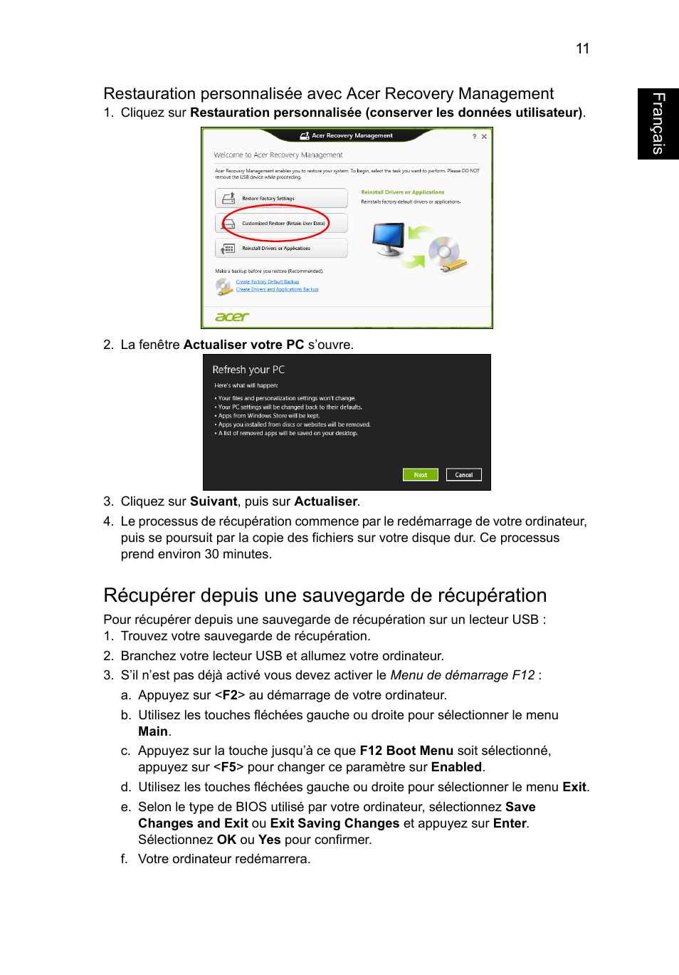 Récupérer depuis une sauvegarde de récupération, Français | Acer AO756 User Manual | Page 95 / 1836