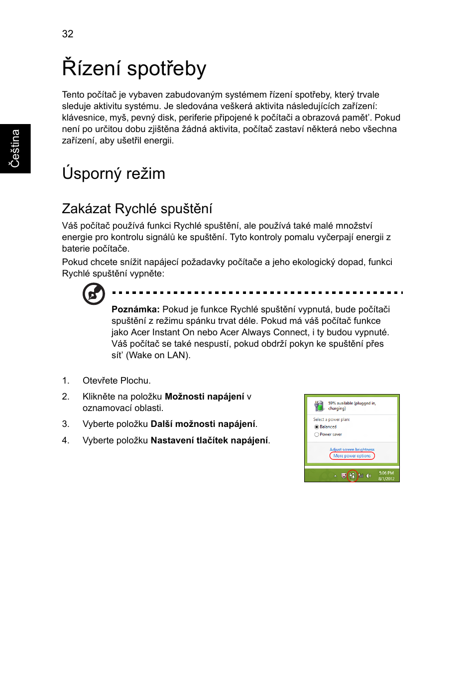 Řízení spotřeby, Úsporný režim, Zakázat rychlé spuštění | Acer AO756 User Manual | Page 980 / 1836