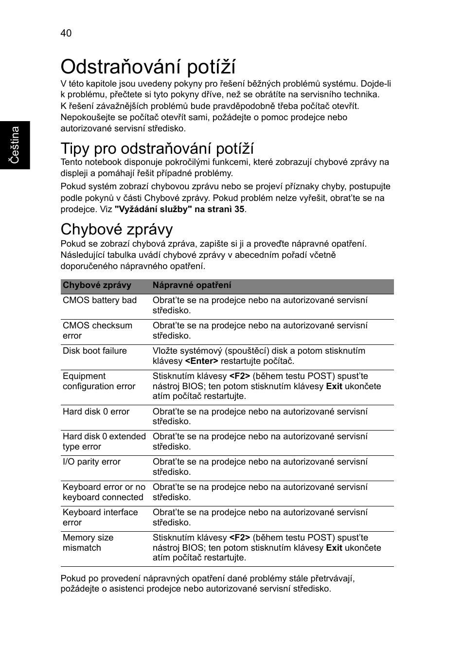 Odstraňování potíží, Tipy pro odstraňování potíží, Chybové zprávy | Acer AO756 User Manual | Page 988 / 1836