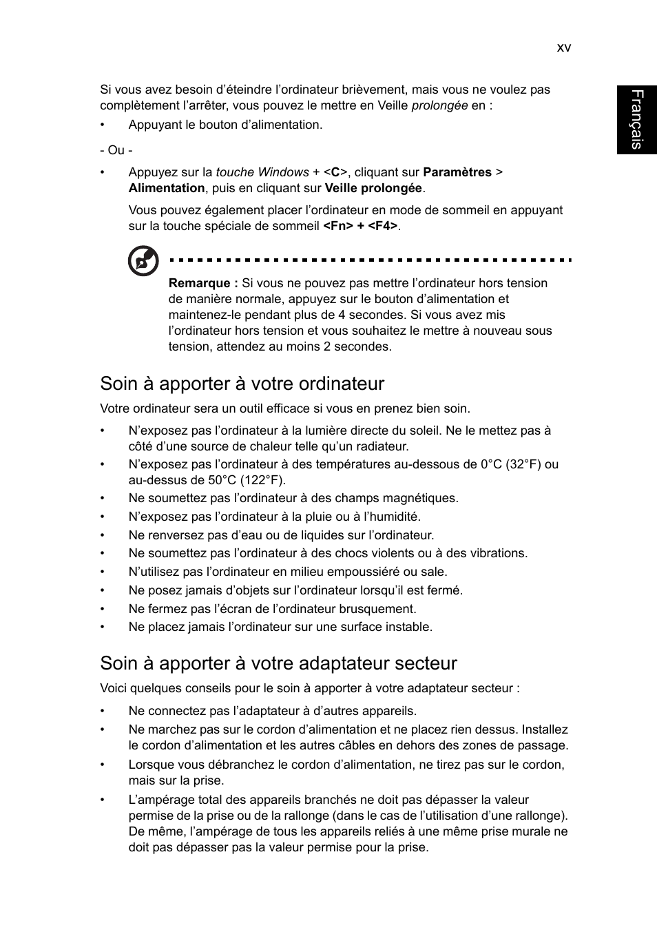 Soin à apporter à votre ordinateur, Soin à apporter à votre adaptateur secteur, Français | Acer TravelMate P653-V User Manual | Page 103 / 2742