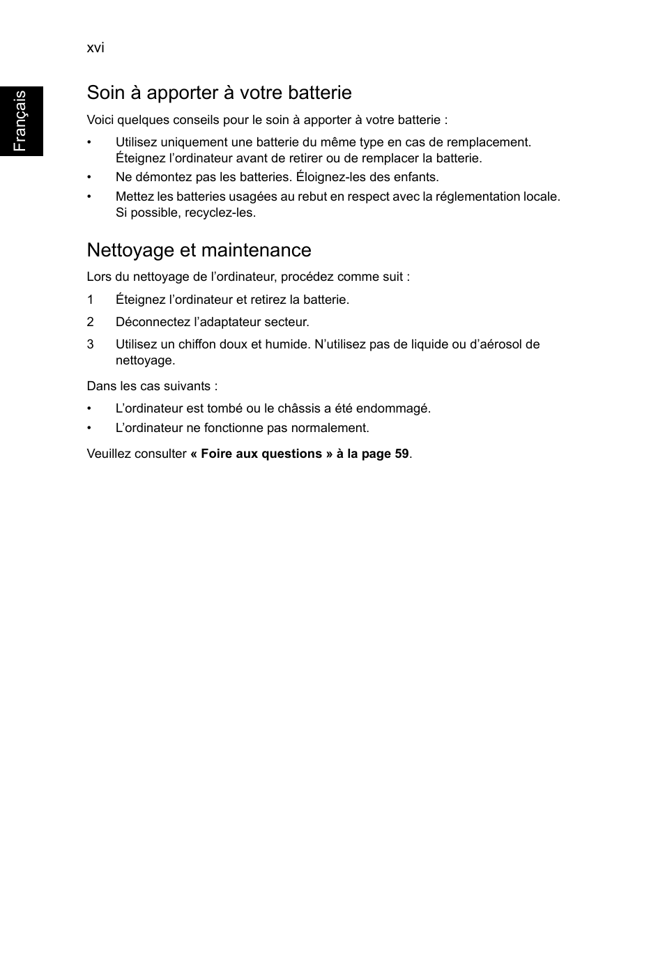 Soin à apporter à votre batterie, Nettoyage et maintenance | Acer TravelMate P653-V User Manual | Page 104 / 2742