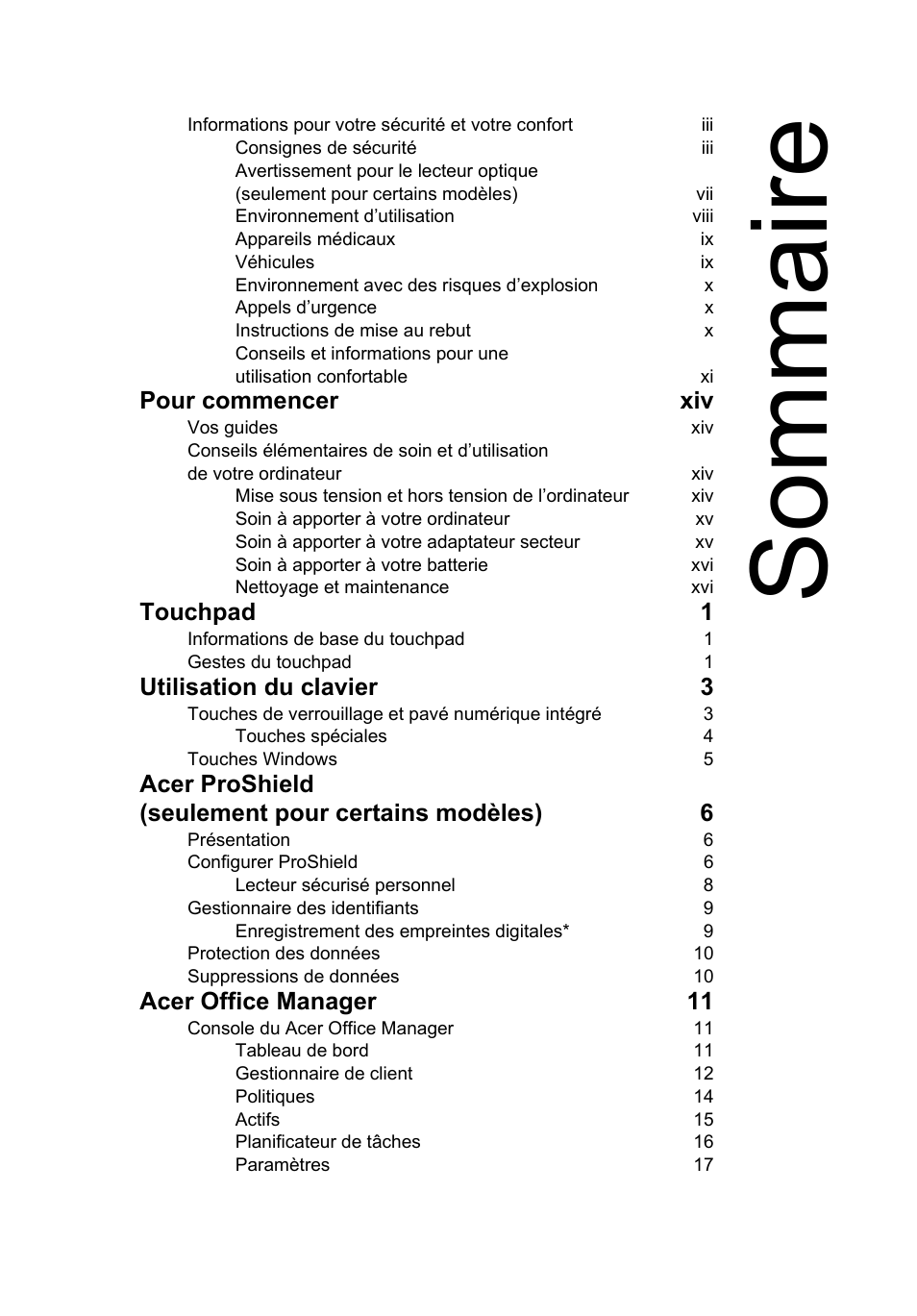 Sommaire, Pour commencer xiv, Touchpad 1 | Utilisation du clavier 3, Acer proshield (seulement pour certains modèles) 6, Acer office manager 11 | Acer TravelMate P653-V User Manual | Page 105 / 2742