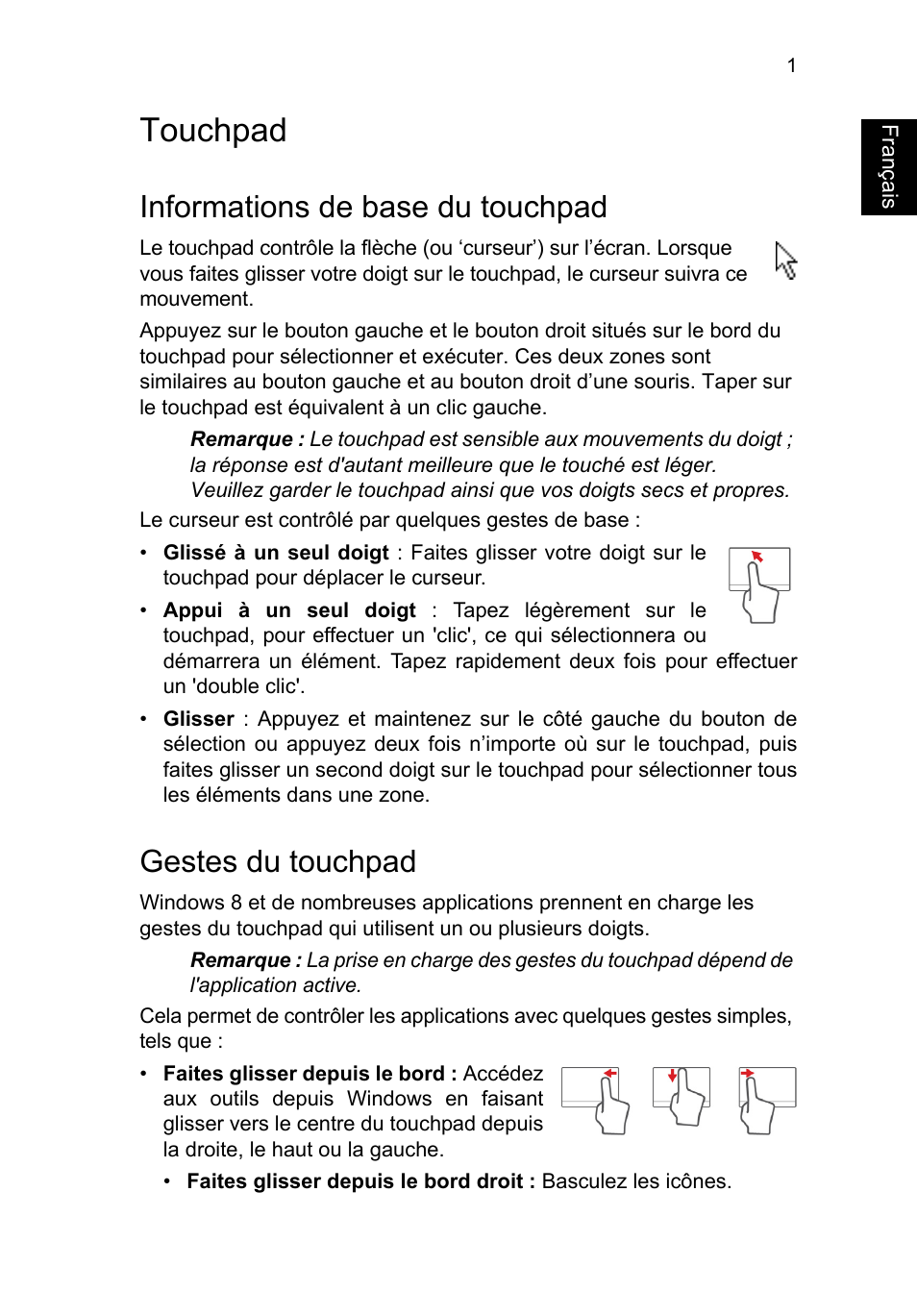 Touchpad, Informations de base du touchpad, Gestes du touchpad | Touchpad 1, Français | Acer TravelMate P653-V User Manual | Page 109 / 2742