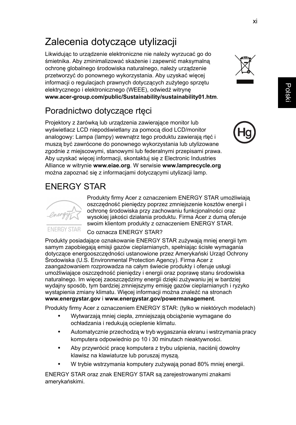 Zalecenia dotyczące utylizacji, Poradnictwo dotyczące rtęci, Energy star | Acer TravelMate P653-V User Manual | Page 1121 / 2742