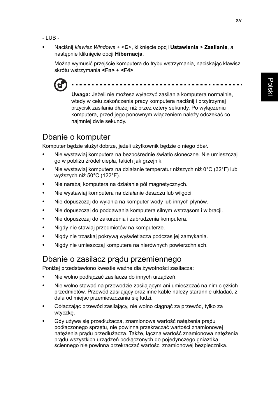 Dbanie o komputer, Dbanie o zasilacz prądu przemiennego | Acer TravelMate P653-V User Manual | Page 1125 / 2742