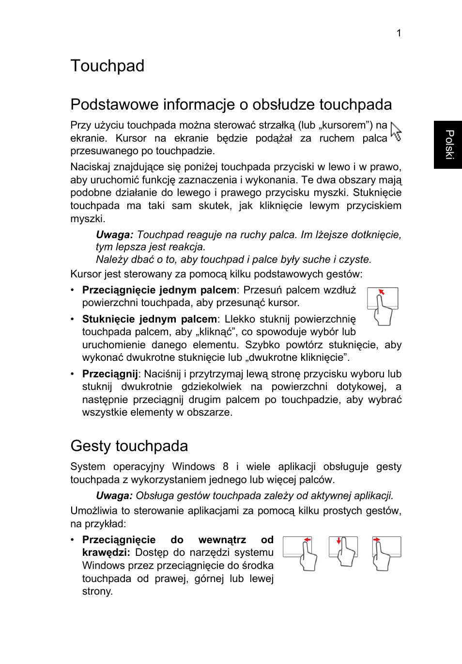 Touchpad, Podstawowe informacje o obsłudze touchpada, Gesty touchpada | Touchpad 1 | Acer TravelMate P653-V User Manual | Page 1131 / 2742