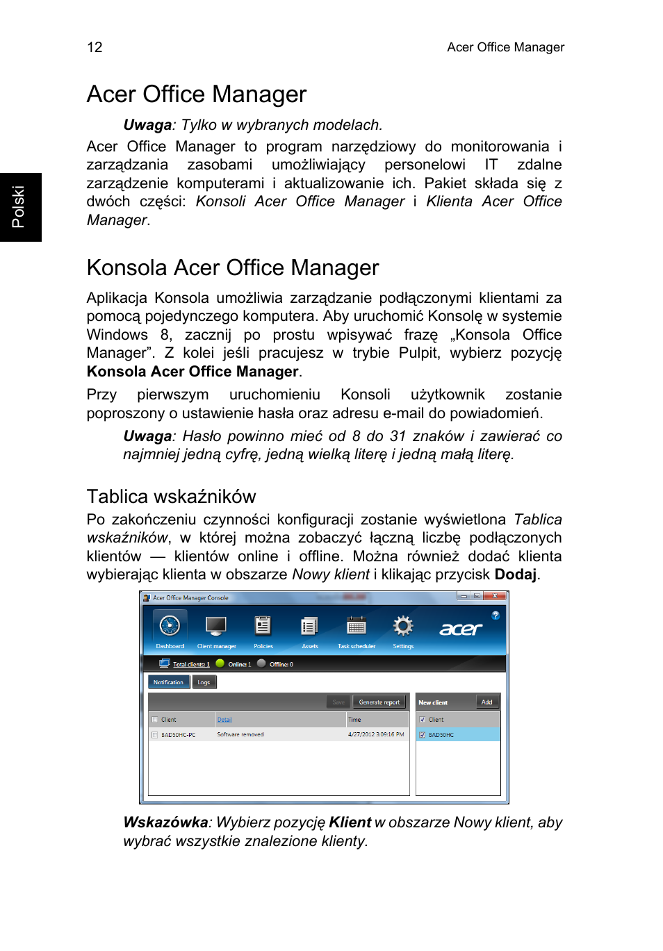 Acer office manager, Konsola acer office manager, Tablica wskaźników | Acer TravelMate P653-V User Manual | Page 1142 / 2742