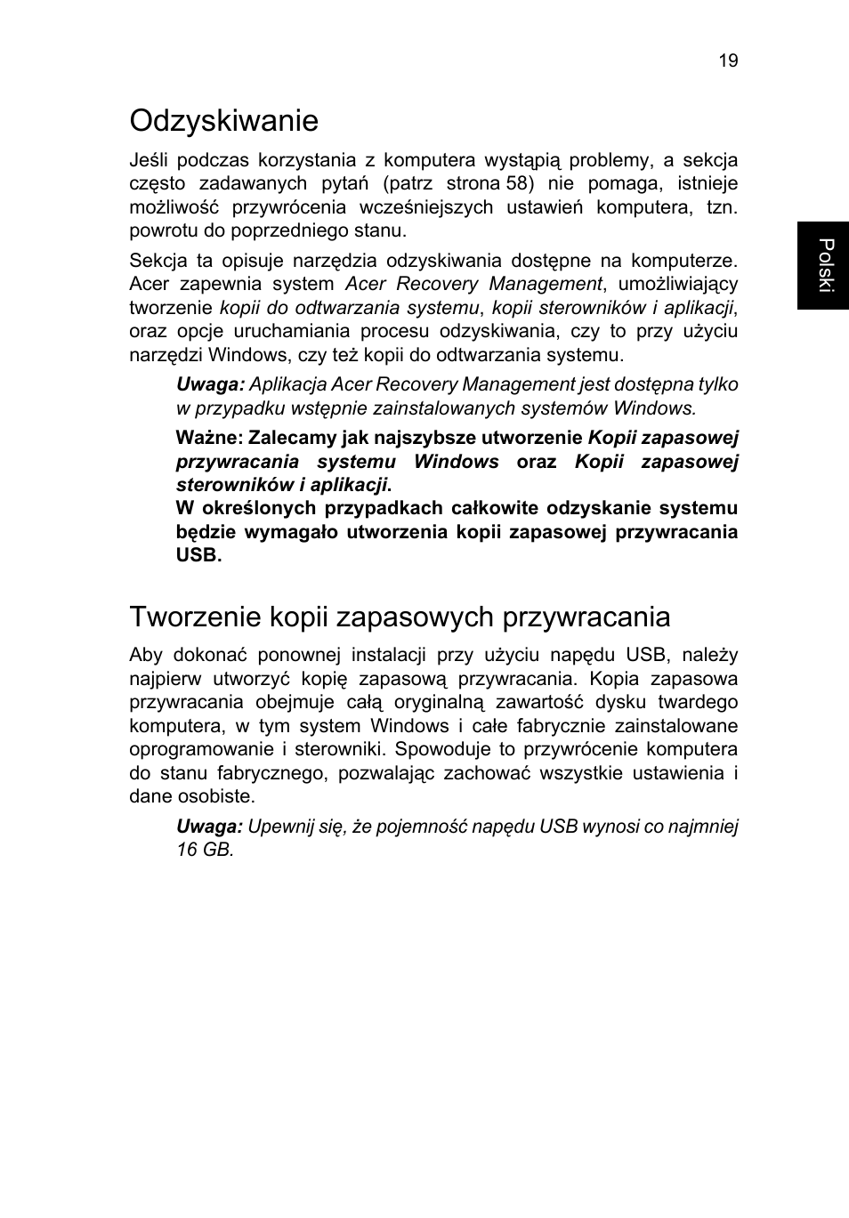 Odzyskiwanie, Tworzenie kopii zapasowych przywracania, Odzyskiwanie 19 | Acer TravelMate P653-V User Manual | Page 1149 / 2742
