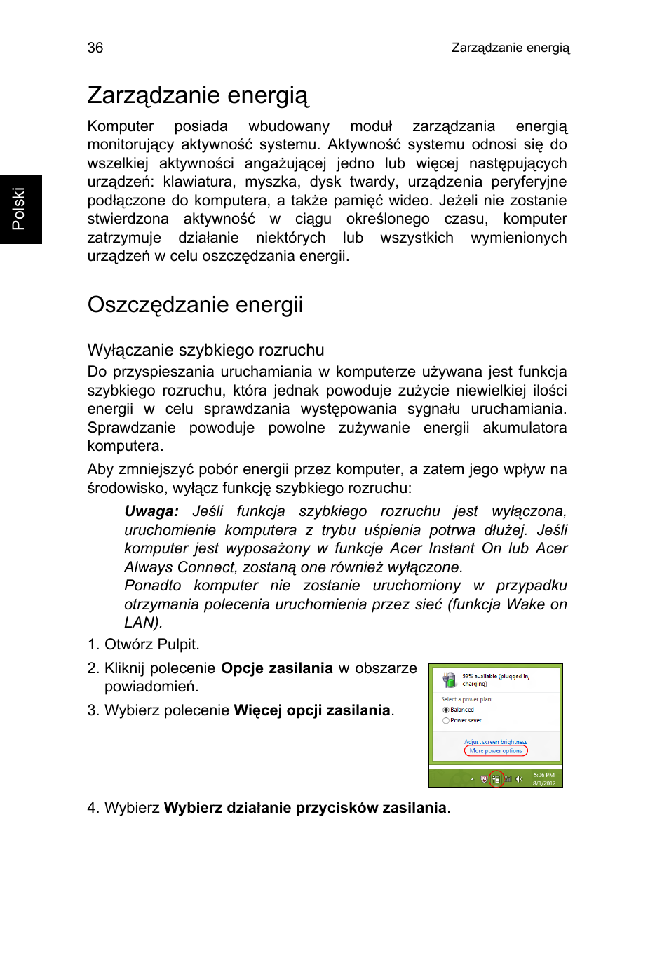 Zarządzanie energią, Oszczędzanie energii, Zarządzanie energią 36 | Acer TravelMate P653-V User Manual | Page 1166 / 2742