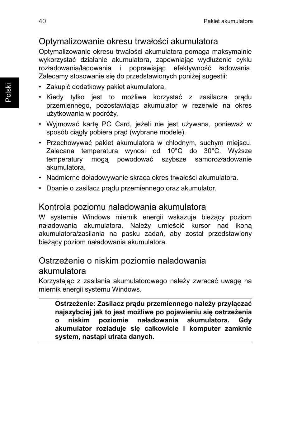 Optymalizowanie okresu trwałości akumulatora, Kontrola poziomu naładowania akumulatora | Acer TravelMate P653-V User Manual | Page 1170 / 2742